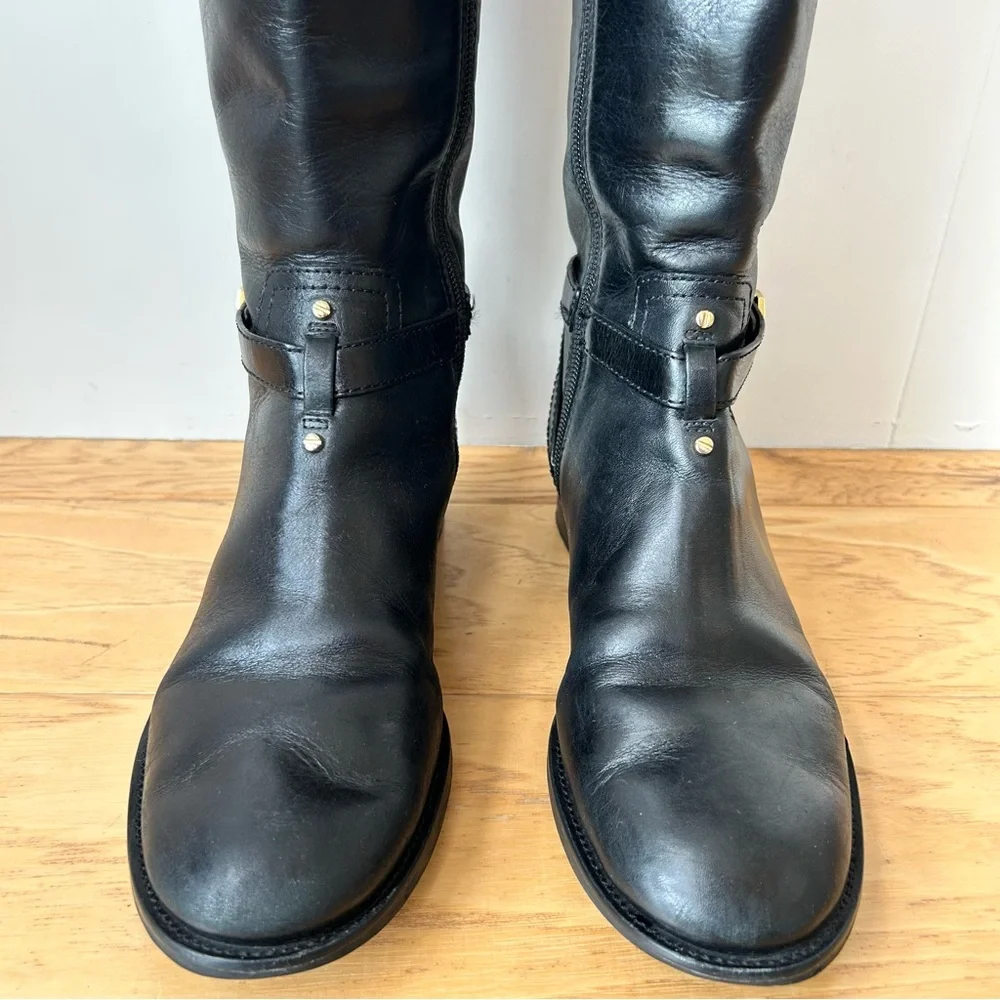 Tory Burch Black Brita Knee High Riding Boot 7 1/2 Signature Gold Metal Trim